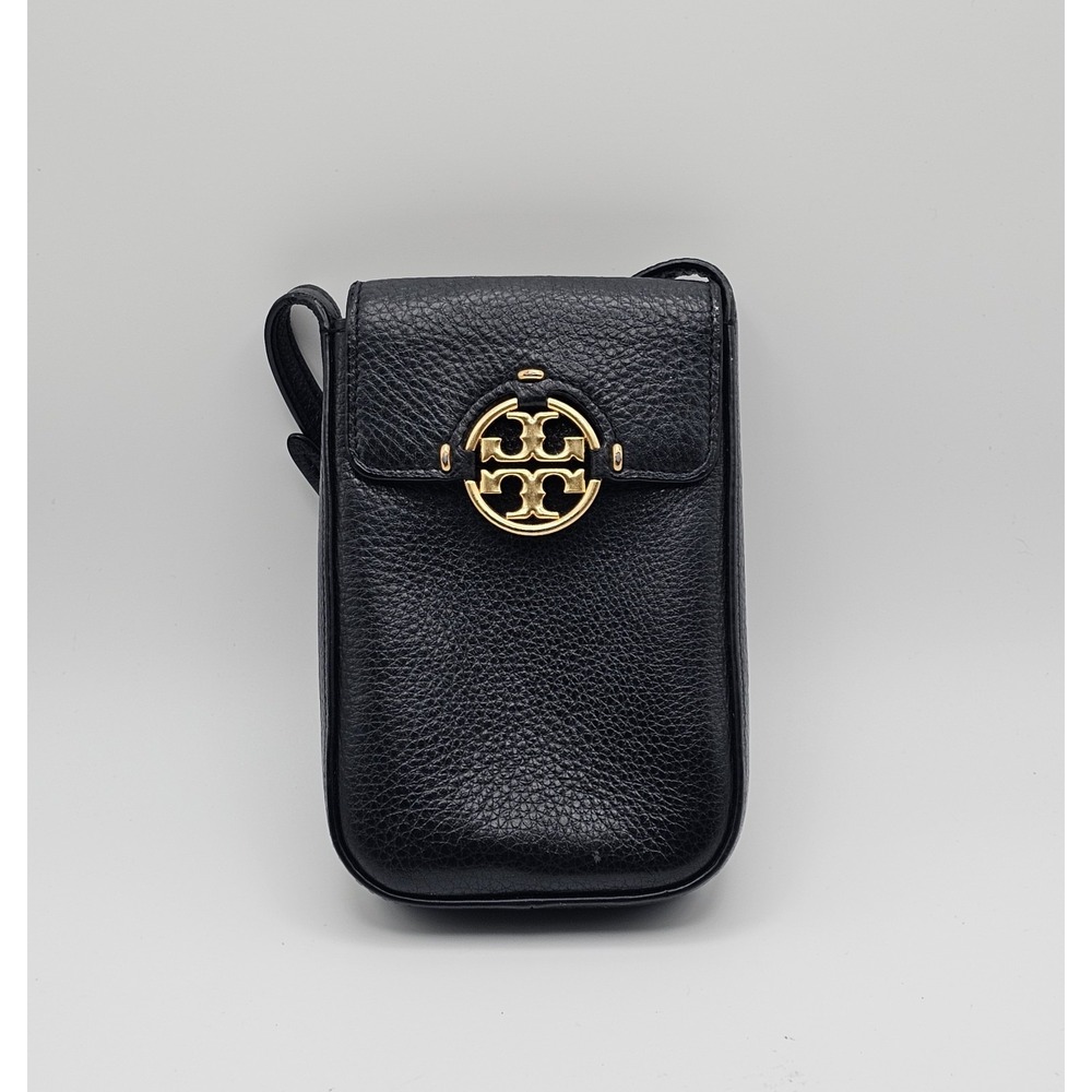 Tory Burch Miller Phone Crossbody Bag Black Pebbled Leather Gold Tone Logo